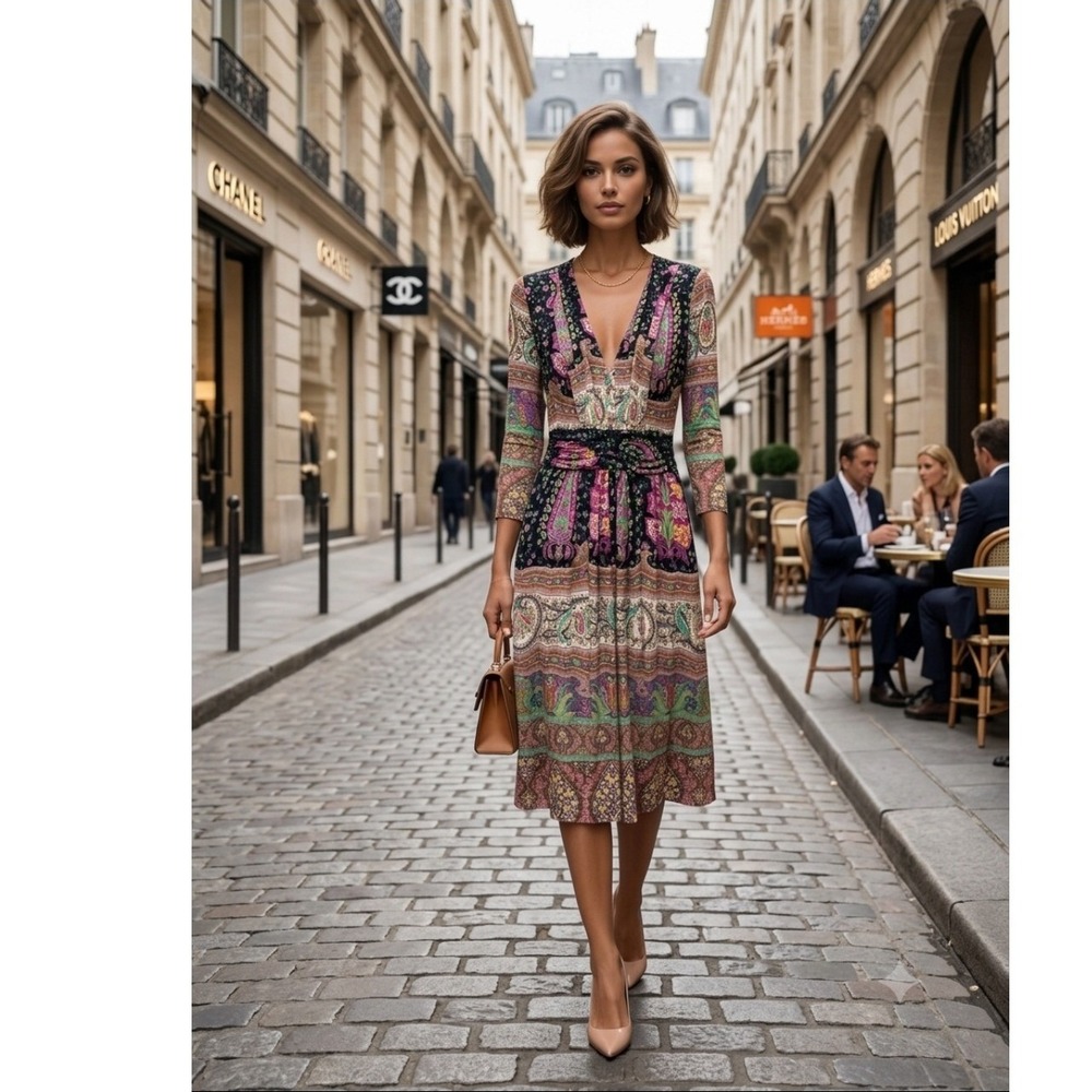 Etro Italy Paisley Stretch Jersey Midi Dress Multi Color Size IT 46 US 10 - Picture 3 of 11
